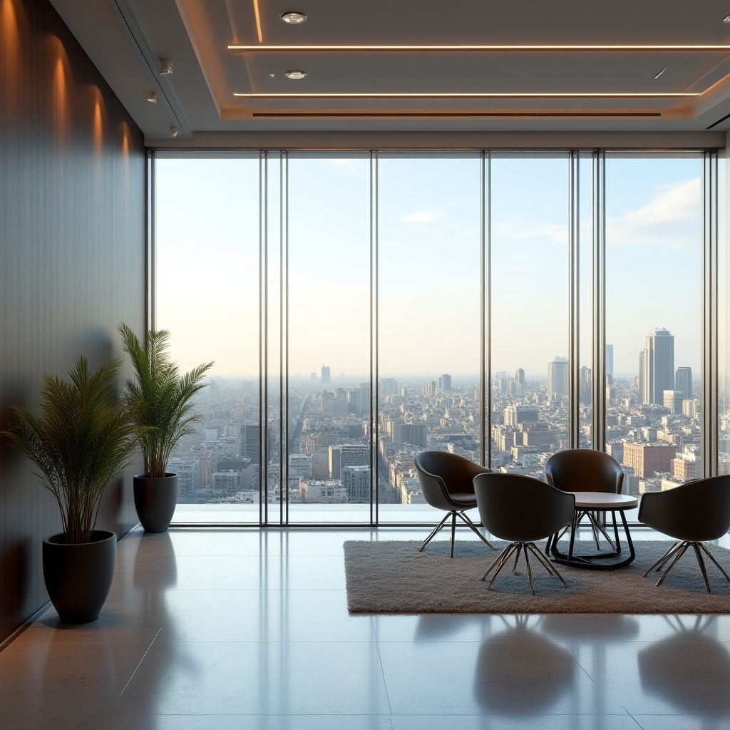 Oficina moderna de consultoría financiera con vista a la ciudad